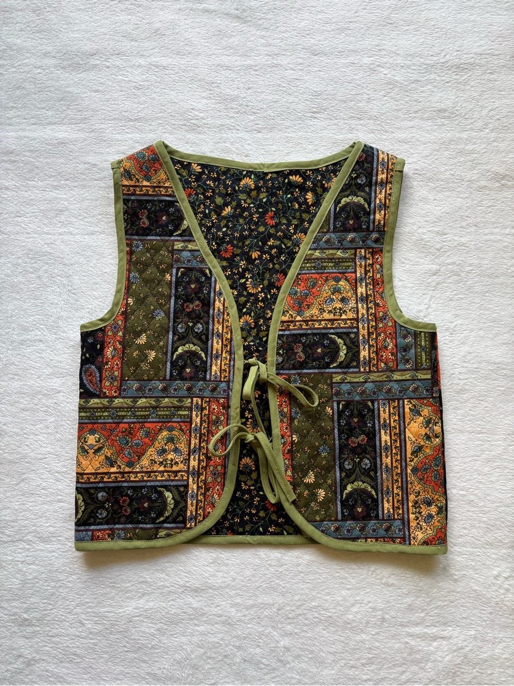 Handmade Quilted Patchwork Tie-Front Vest in Olive & Multi - Picture 2 of 4